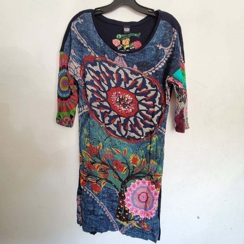 Desigual We Like You Floral Sequin Pattern 3/4 Sleeve Blue Tunic Top Shirt Small